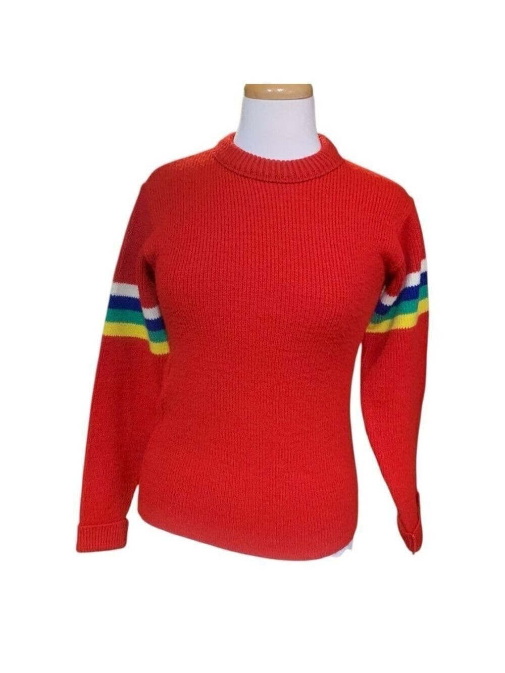 Vintage 70’s Sears Sports Center red sweater with color band sleeves size xs